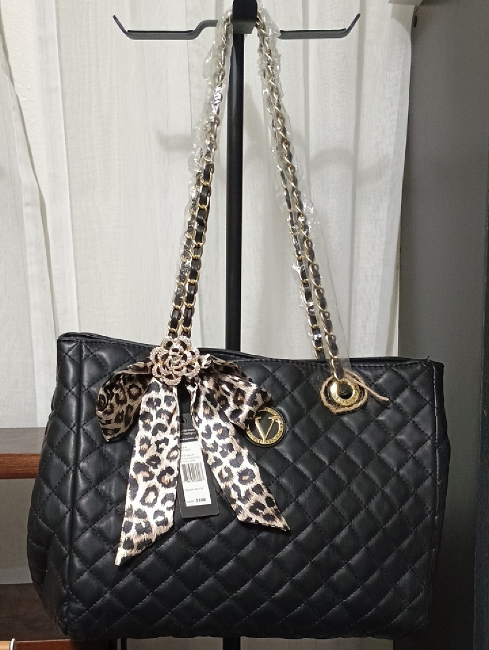 Vera New York Black Quilted Tote Bag with Leopard Bow Accent